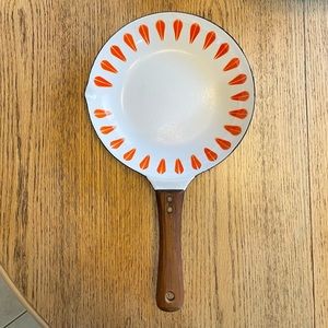 Vintage Cathrineholm Norway enamel sauté frying pan white & orange 9” diameter